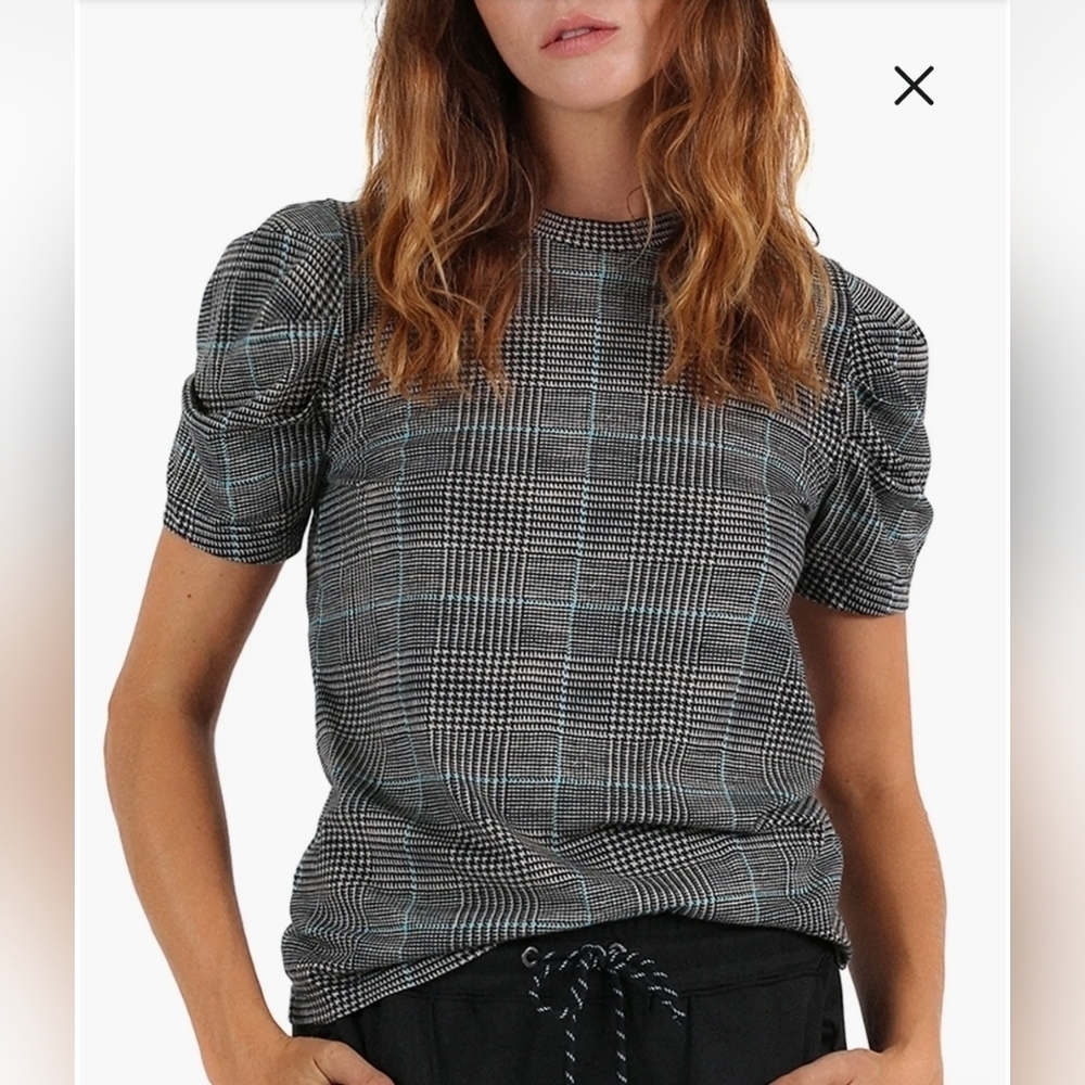 Pam & Gela Glen Plaid Puff Sleeve Cotton Top Size Small